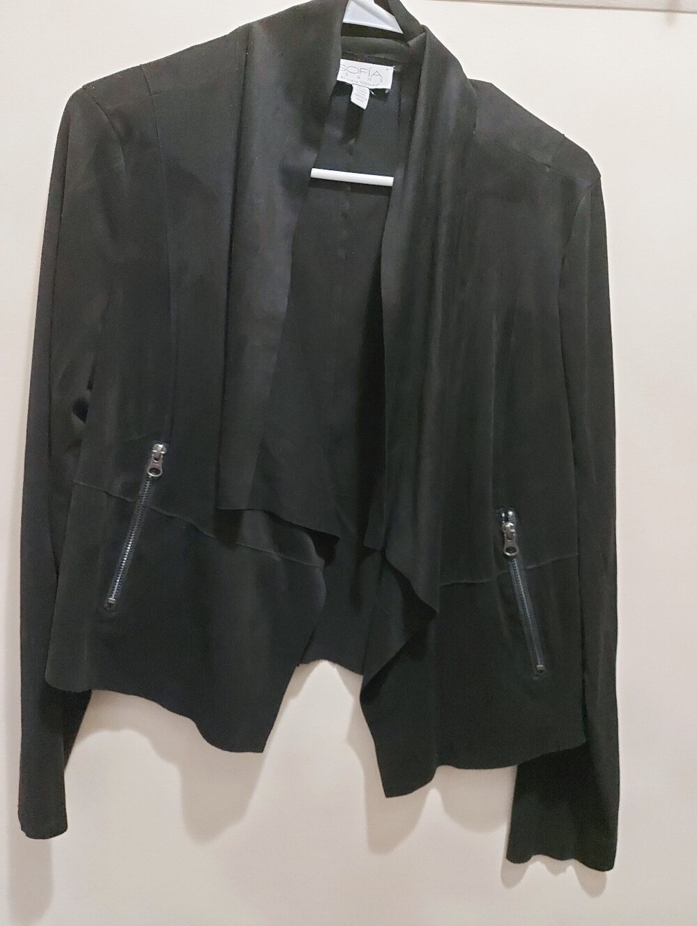 Black Draped Faux Suede Open-Front Jacket
